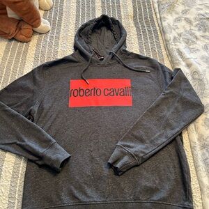 Roberto Cavalli Charcoal Gray Hoodie with Red Logo